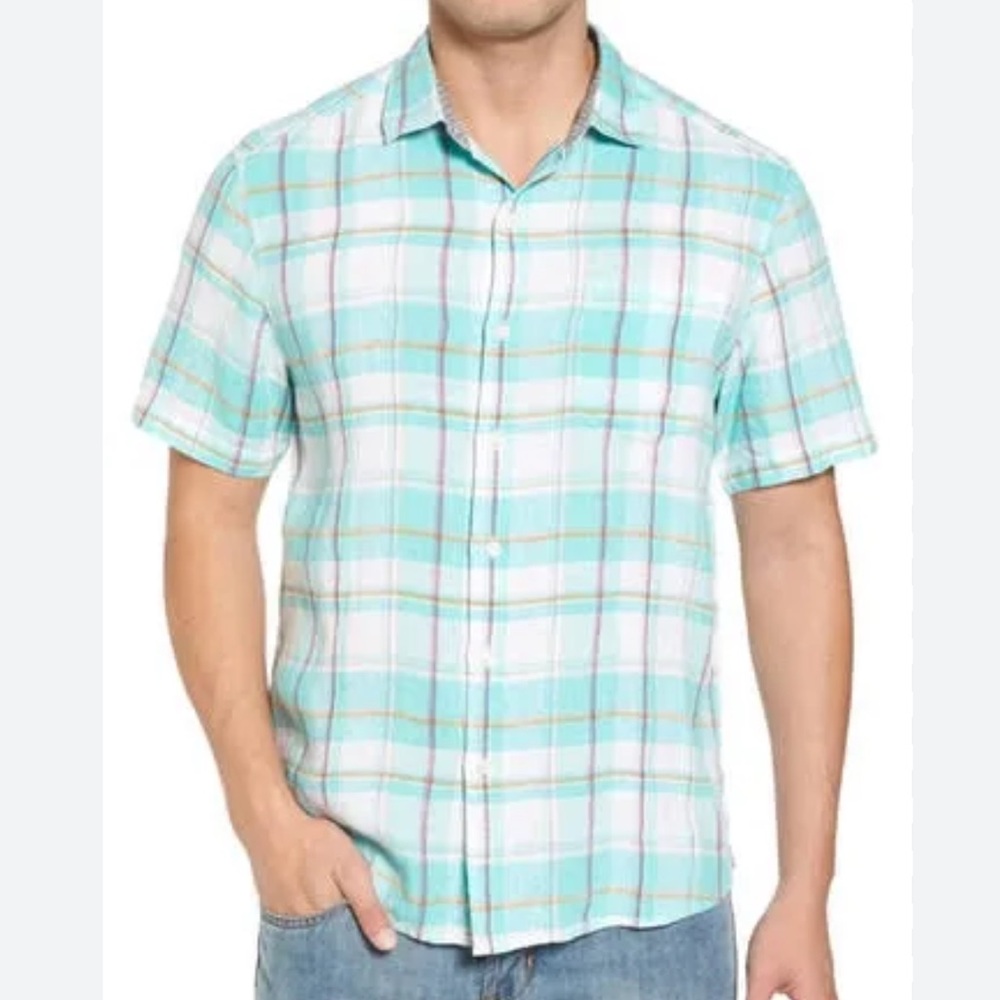 Tommy Bahama Plaid 100% Linen Camp Button Up Shirt Men's Large Pastel Easter